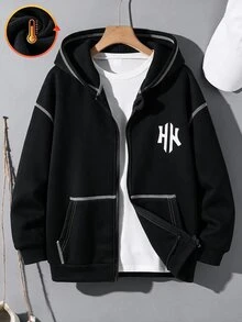 SHEIN 青少年男童簡約街頭風字母印花拉鍊冬季衛衣，休閒舒適，布料柔軟，灰色，適合秋季、上學、返校季等場合。 - 彩色 - 查看 1