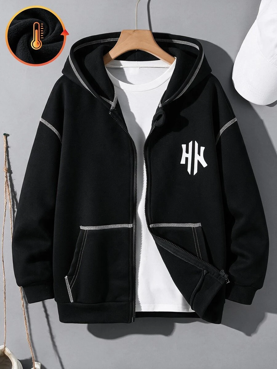 SHEIN 青少年男童簡約街頭風字母印花拉鍊冬季衛衣,休閒舒適,布料柔軟,灰色,適合秋季、上學、返校季等場合。 - 彩色 - 查看 1