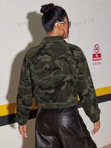 Jeanoix 豹紋領口口袋迷彩長袖水洗牛仔夾克 - 彩色 - 查看 2