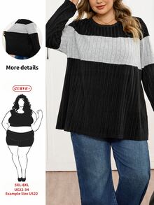 SHEIN CURVE+ Contrast Color Round Neck Ribbed Long Sleeve Casual T-Shirt, Autumn/Winter Contrast Knit Ribbed Top, Suitable For Plus Size 5XL-8XL - Multicolor - View 4