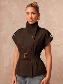 Lumalex Short Sleeve Loose High Neck Cinched Waist Women's Trench Coat Jacket - Brown - View 5