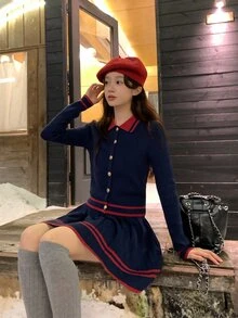 DAZY Women's Contrast Color Lapel Long Sleeve Cardigan & Casual Skirt Sweater Two Pieces Set, Autumn/Winter - Navy Blue - View 9