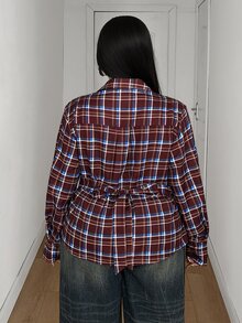 Maweii Vintage Plaid Cinched Waist Tie Asymmetrical Plus Size Shirt Fall - Brown - View 6
