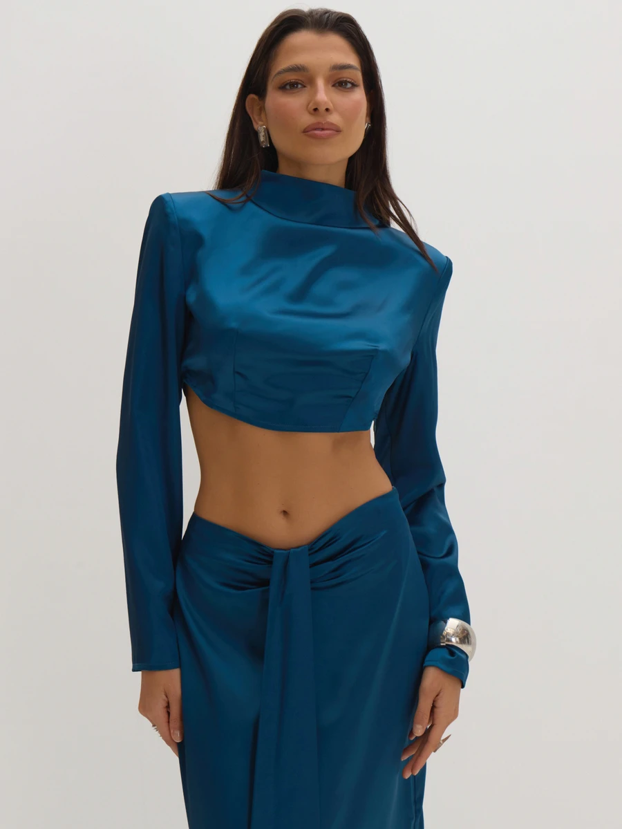 MUSEYN Teal Blue Satin Scarf Drape High Neck Top Classy Date Night Chic Evening Fall - Navy Blue - View 1