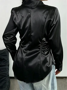 POPSWAY Kemeja Kasual Serbaguna untuk Wanita Ukuran Besar dengan Warna Polos, Cocok untuk Pemakaian Sehari-hari - Hitam - View 2