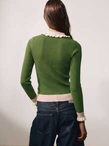 Nöista Women's Contrast Color Lapel Long Sleeve Slim Fit Versatile Sweater - Green - View 7