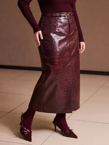 MOTF PREMIUM PLUS SIZE FRONT SLIT CROCODILE EMBOSSED PU STRAIGHT MID-LENGTH SKIRT AUTUMN/WINTER - Burgundy - View 5