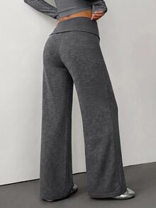 SHEIN PETITE 女款純色高腰極簡休閒日常百搭時尚寬腿長褲 - 深灰色 - 查看 2