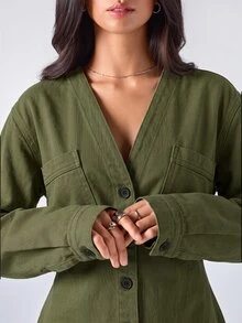 LYSMO Women's V-Neck Long Sleeve Single-Breasted Pocket Design Casual Denim Top - Army Green - View 3