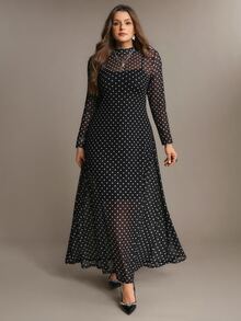 Freevana Plus Size Elegant Party Banquet Polka Dot Dress 2pcs Set - Black - View 8