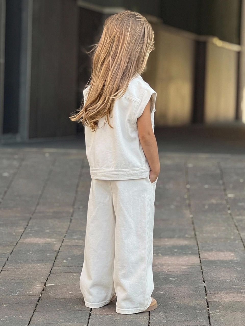 Young Girl) Lapel Casual Sleeveless Denim Top + Straight Leg Pants Two Pieces Denim Outfit Set