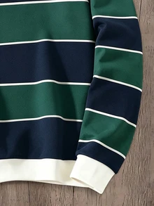 Manfinity Joysei Men's Casual College Striped Print Polo Collar Pullover Sweatshirt - Green - View 4