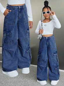 SHEIN Girlism Celana Jeans Denim Kargo Longgar dengan Kancing dan Kantong untuk Anak Perempuan Remaja - Dark Wash - View 1
