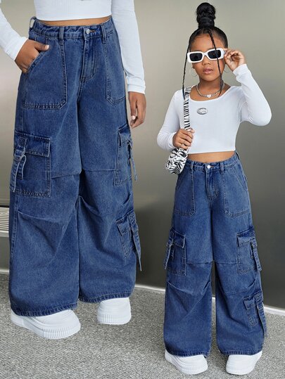 SHEIN Girlism Celana Jeans Denim Kargo Longgar dengan Kancing dan Kantong untuk Anak Perempuan Remaja