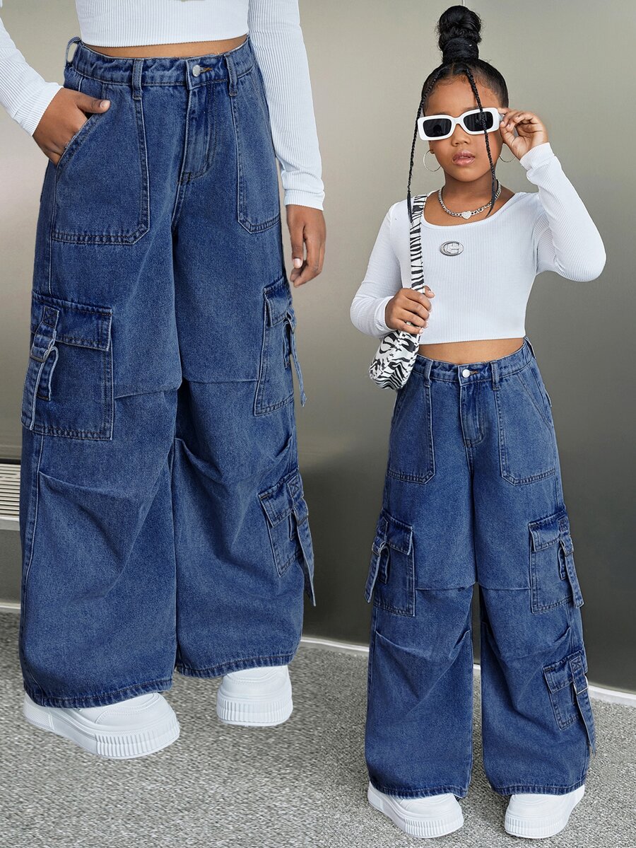 SHEIN Girlism Celana Jeans Denim Kargo Longgar dengan Kancing dan Kantong untuk Anak Perempuan Remaja - Dark Wash - View 1