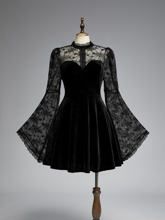 Goth Dark Sexy Spider Web Sheer Patchwork Velvet Halloween Cosplay Party Plus Size Cinched Waist Dress Birthday Dress