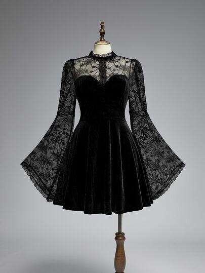 Goth Dark Sexy Spider Web Sheer Patchwork Velvet Halloween Cosplay Party Plus Size Cinched Waist Dress Birthday Dress