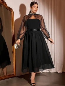 Cravure Plus Size Luxury Evening Party Sheer Mesh Patchwork High Waist Draped Long Dress - Black - View 4