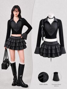 Elamini Áo blouse nữ tay dài phối patchwork họa tiết sọc, cổ sơ mi, cài cúc, xếp ly - màu đen - Xem 2
