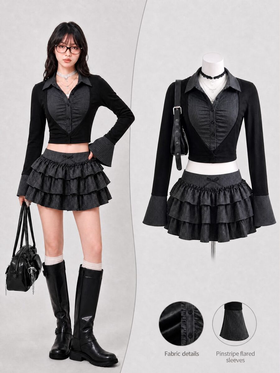 Elamini Áo blouse nữ tay dài phối patchwork họa tiết sọc, cổ sơ mi, cài cúc, xếp ly