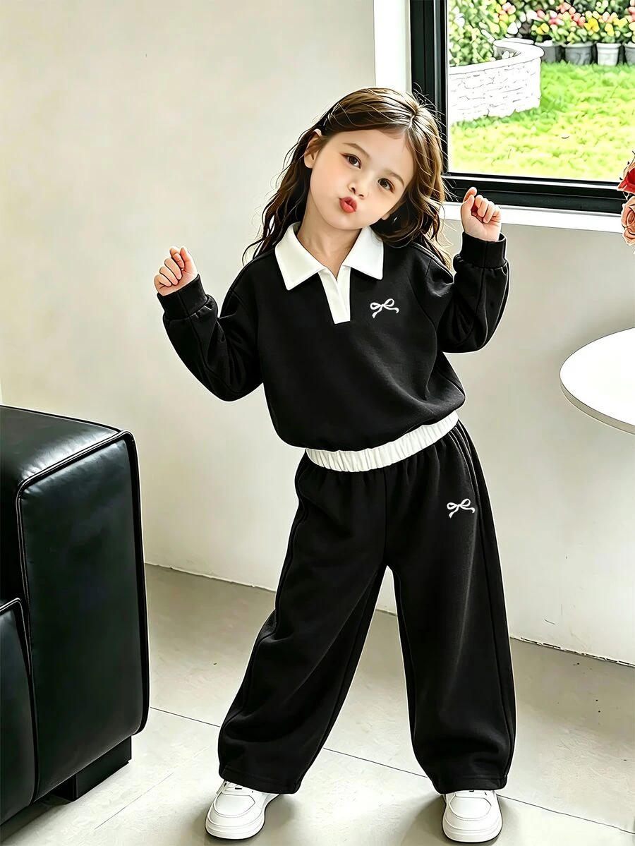 SHEIN Elladie kids 少女學院風黑色蝴蝶結印花對比色POLO領上衣＋寬腿褲休閒兩件套穿搭