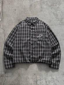 AXEPEAK Men's Plaid Single-Breasted Embroidered Vintage Shirt - Black - View 1