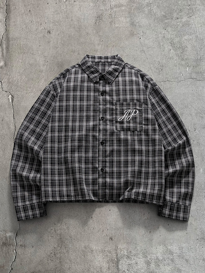 AXEPEAK Men's Plaid Single-Breasted Embroidered Vintage Shirt