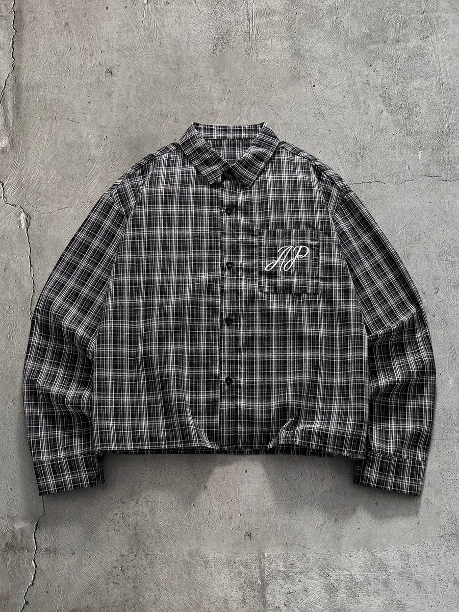 AXEPEAK Men's Plaid Single-Breasted Embroidered Vintage Shirt - Black - View 1