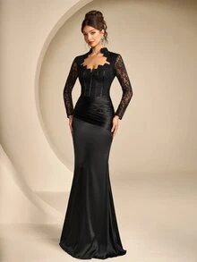 Coutiva Women's Lace Long Formal Evening Gown Dress (Heavy Workmanship Style) - Black - View 3
