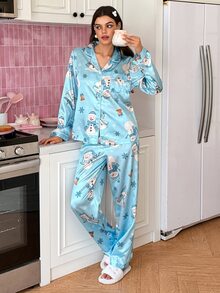 SweetSlumber طقم بيجامة ساتان بياقة للنساء بطبعة رجل الثلج وندفة الثلج والجرس اللطيفة لعيد الميلاد - الأزرق - مشاهدة 5