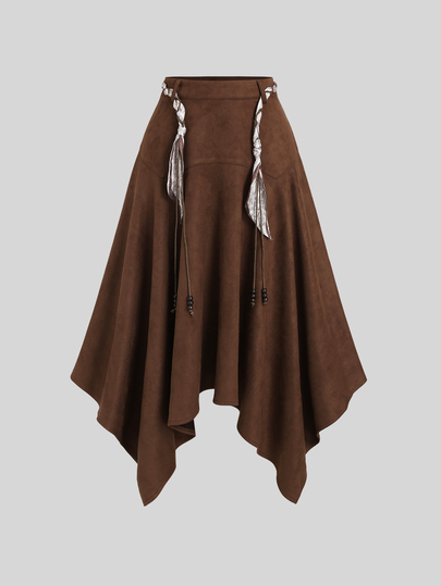 Elamini Saia Feminina de Camurça com Amarração na Cintura, Barra Assimétrica, Estilo Francês Vintage, Design Fashion Outono/Inverno, Modeladora e Versátil