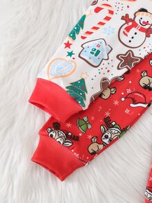 Cozy Pixies 4pcs Baby Girl Baby Girl Casual Christmas Red Reindeer Cute Christmas Pattern Print Crew Neck Pullover Long Sleeve Pajama Pants Knit Loungewear Set Tight 2 Pieces - Red - View 7