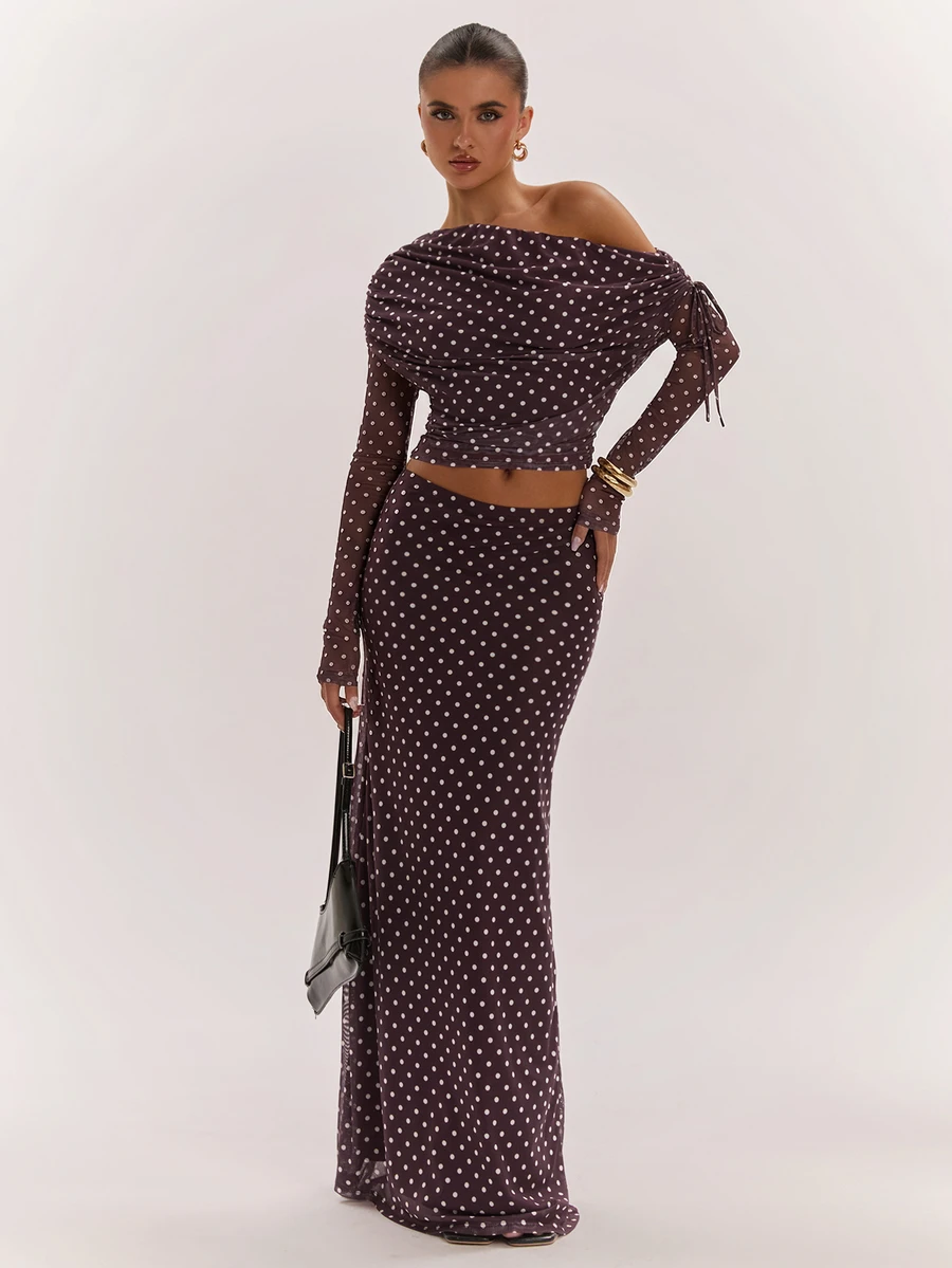 SHEIN BAE Women's Sexy Brown Polka Dot Asymmetrical Shoulder Single Sleeve Two Pieces Set - Multicolor - View 1