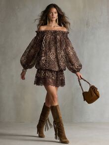 Solivie Women's Autumn Off-Shoulder Leopard Print Short Dress Coffee Color - Coffee - View 3