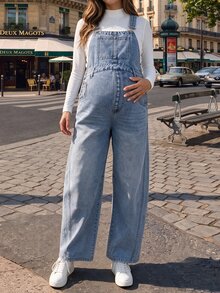 SHEIN Maternity Loose Sleeveless Denim Overalls - Medium Wash - View 2