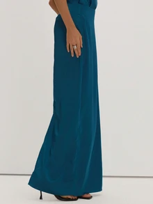 MUSEYN Teal Blue Satin Loose Fit Maxi Skirt Classy Date Night Chic Evening Fall - Royal Blue - View 3
