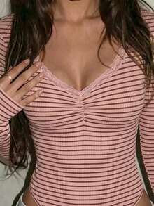Zavorell Striped Print Lace Trim Bodysuit - Pink - View 3