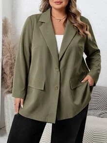 SHEIN CURVE+ 大尺碼女款素色翻領長袖西裝外套 - 軍綠色 - 查看 5