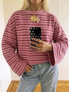 SHEIN EZwear 女款休閒圓領寬鬆長袖T恤，條紋印花，女款休閒穿搭，秋季服飾，適合日常通勤、聚會、夏季、聖誕節、新年、感恩節、派對、婚禮、海灘、出遊、約會、情人節、優雅、度假、Y2K - 彩色 - 查看 6