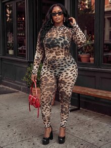 Slaydiva Sexy Street Date Party Women Slim Fit High Elastic Digital Print Long Sleeve Long Pants Abstract Pattern Leopard Mesh Plus Size Jumpsuit - Brown - View 8