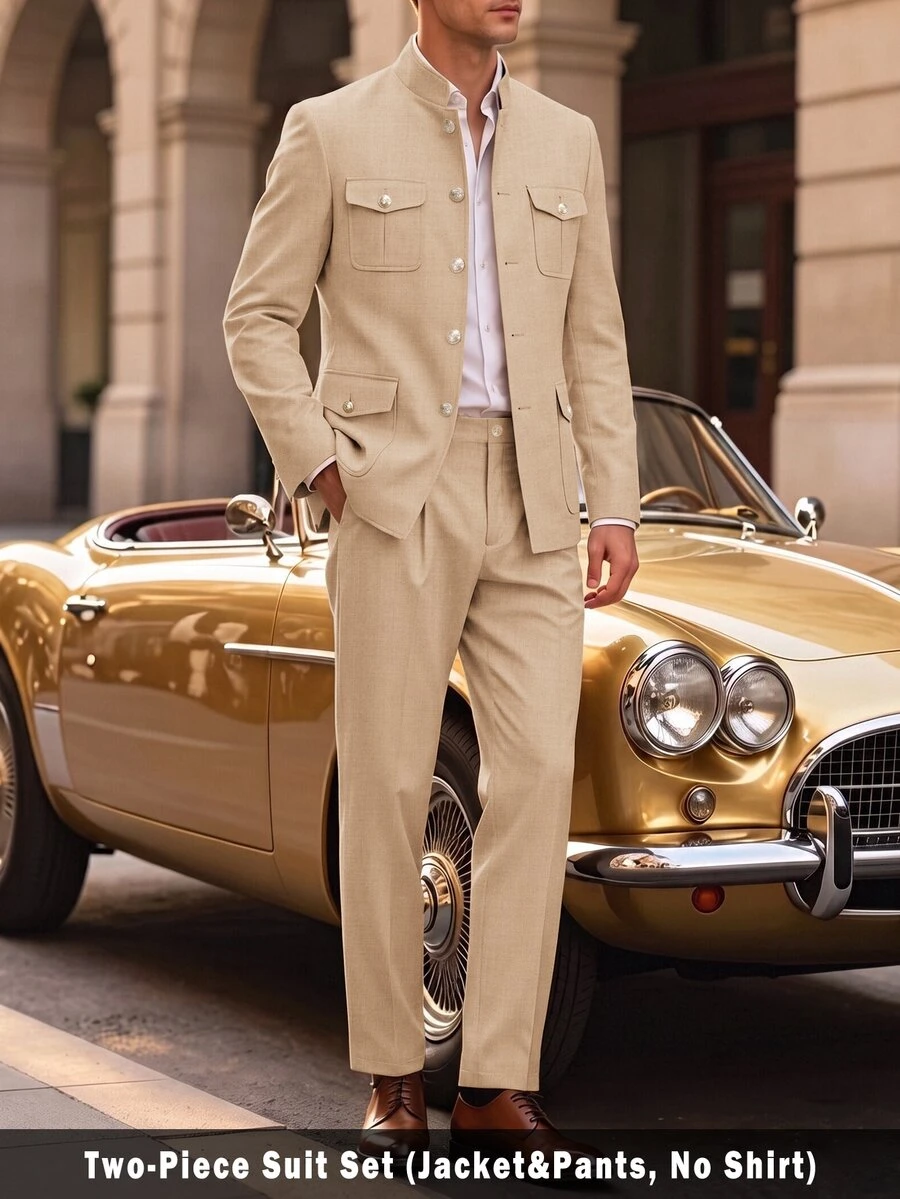 Manfinity Mode Men Safari Suits Regular Fit 2 Pieces Stand Collar Chinese Suit For Wedding Men 4 Pocket Blazer Pants Set - Khaki - View 1