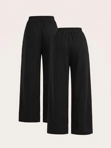 SHEIN EZwear 女款大尺碼舒適寬鬆純色極簡風兩件式長褲 - 黑色 - 查看 2