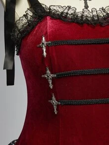 ROMWE Summer Gothic Vintage Court Style Contrast Color Lace Trim Cross Pendant Plus Size Women's Tank Tie Strap Dress - Burgundy - View 2