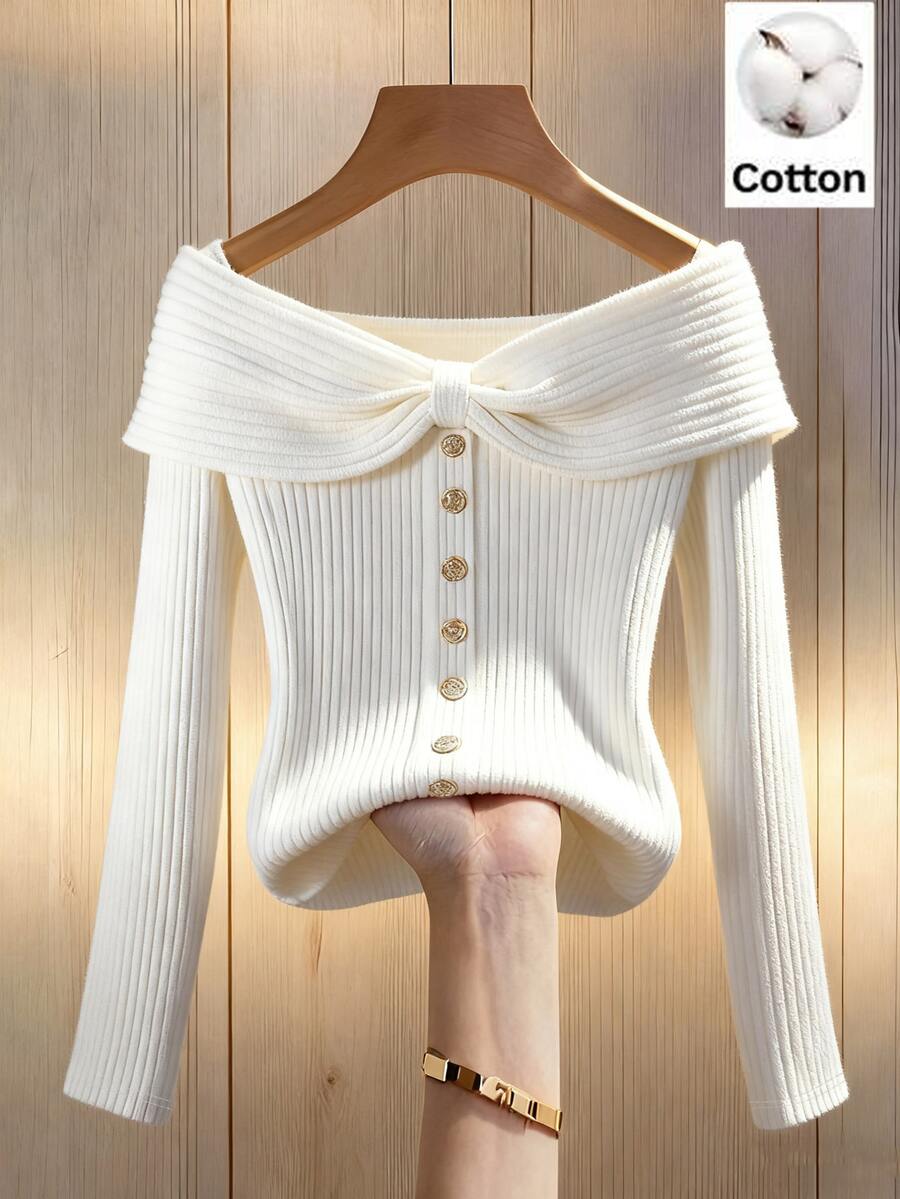 SHEIN Franclia 女款春秋杏色純色針織彈性修身羅紋領蝴蝶結鈕扣裝飾長袖方領T恤,日常穿著,法式優雅,杏色上衣,秋冬百搭日常 - 白色 - 查看 1