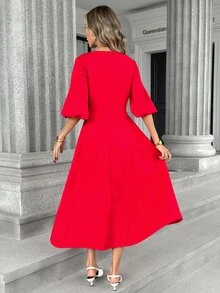 Pariaura Women's Elegant French Style Luxurious Commuter Chic Versatile Long Dress - Burgundy - View 2