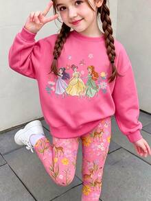 SHEIN 幼童女款公主卡通衛衣與花卉印花內搭褲套裝，粉色 (2件組) 秋冬 - 彩色 - 查看 1