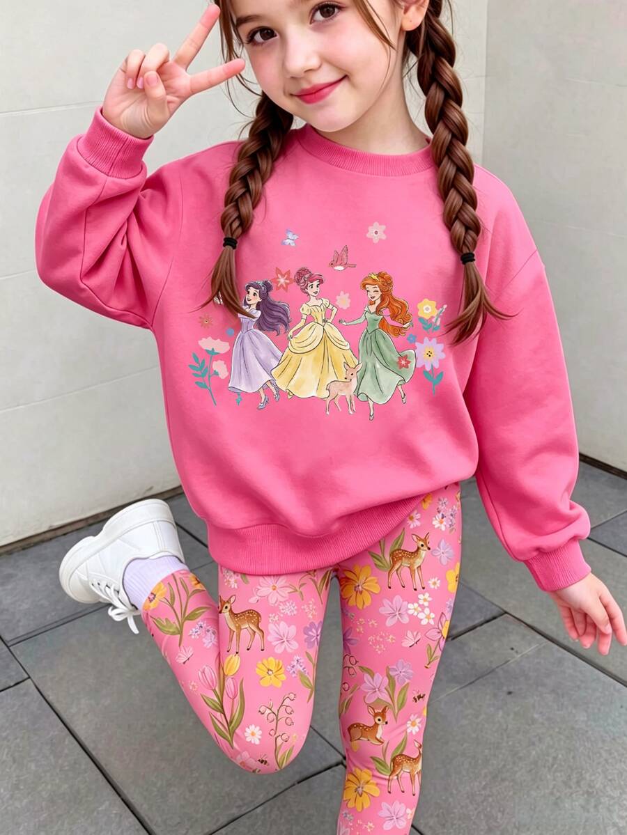SHEIN 幼童女款公主卡通衛衣與花卉印花內搭褲套裝,粉色 (2件組) 秋冬 - 彩色 - 查看 1