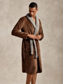 EverLounge Men's Autumn/Winter Minimalist Basic Fashion Comfortable British Style Embroidered Red Brown Flannel Contrast Dark Grey Double-Sided Fleece Shawl Collar Long Home Wear Robe Coat - Brown - View 3