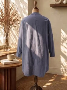 Rusticease Plus Size Women's Solid Color Round Neck Long Sleeve Single-Breasted Long Shirt Fall - Grey - View 4