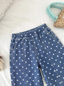 SHEIN Tween Girl 女孩波點杏色牛仔寬鬆鬱金香腿褲，適合萬聖節、世界盃、畢業季、休閒返校穿著，夏冬秋三季皆宜 - 彩色 - 查看 3